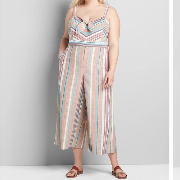 Lane Bryant Striped Tie-Front Wide Leg Crop Jumpsuit Cotton Linen 18 Petite - Picture 1 of 14